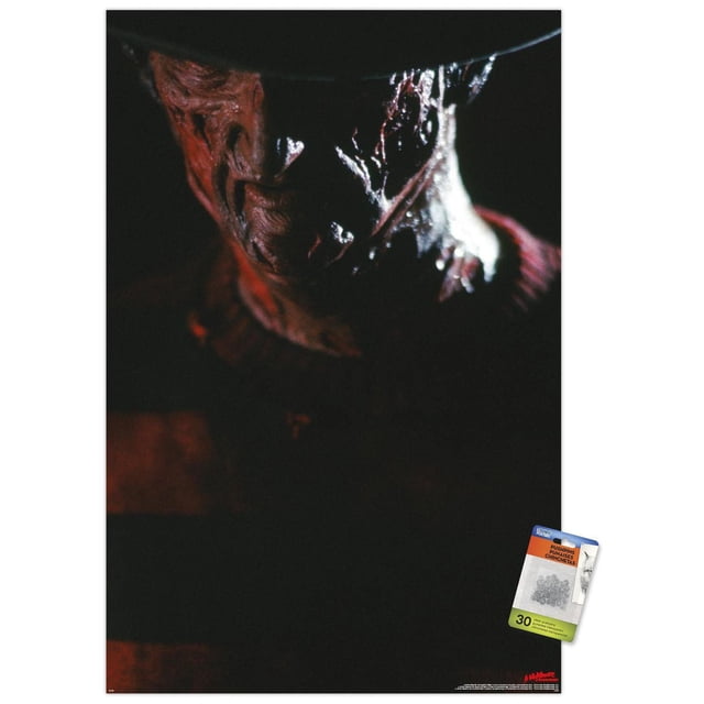 Un Cauchemar sur Elm Street - Affiche Murale Portrait de Freddy avec Cadre Magnétique, 22,375 Pouces x 34 Pouces, Montrant un Gros Plan Centré du Visage Cicatrisé de Freddy Krueger sous une fedora Sombre et un Chandail Rayé Rouge-Vert, Imprimée sur Papier Brillant aux Couleurs Vibrantes, Convient à la Déco Maison Ou aux Fêtes à Thème.