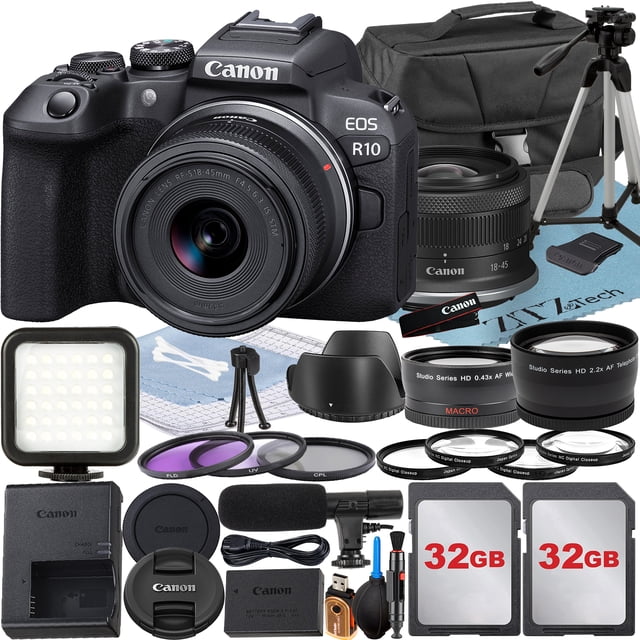 Canon EOS R10 Appareil Photo Sans Miroir avec Objectif RF-S 18-45mm + Lot de 2 Cartes Mémoire 32 Go + Étui + Accessoire ZeeTech