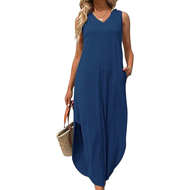 Lenago Robes de Mariée Grande Taille pour Mariée Aguichant Mode pour Femmes Sans Manches Uni Col en V Poches Gilet Robe Longue Robes d'Été de Plage en Liquidation