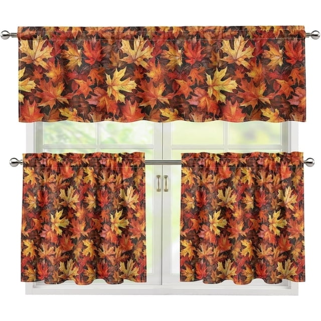 Maple Leaf Kitchen Window Curtains Valance and Tier Set, 3 Piece Set Rod Pocket Short Curtains, Fall Window Treatment for Bathroom Living Room Bedroom, Easy to Install