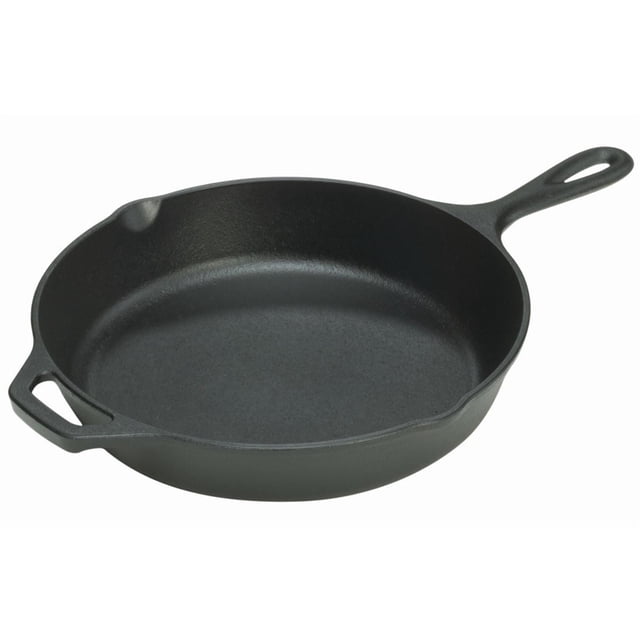 Lodge® Cast Iron Skillet, 12 inch, black cast iron skillet with a long handle and assist handle, naturally seasoned surface, two pouring spouts, suitable for searing, sautéing, baking, and compatible with induction cooktops.