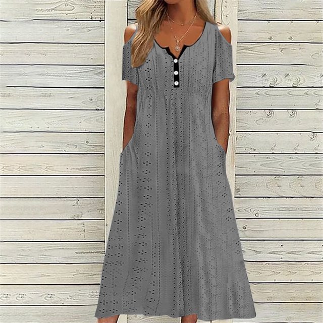 Pisexur Robe à Manches Courtes à Col Rond pour Femme Été Confort Mode Couleur Unie Bouton Ajouré Poche Robe à Manches Courtes à Col Rond Robe Femme