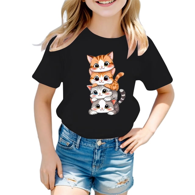Carry Camisole Fille Haut à Volants Enfant Filles Mignon Graphique Col Rond Manches Courtes Tee Été Décontracté T-Shirt