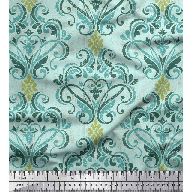 Soimoi Green Viscose Chiffon Fabric Vector Design Damask Printed Fabric 1 Yard 42 Inch Wide
