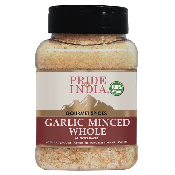 Pride of India – Garlic Minced – Gourmet Seasoning – Ideal for Dips/Sauces/Bread/Salad/Stir-Fries – Ideal Pantry Condiments – Easy to Use – 1.9 oz. Small Dual Sifter Bottle
