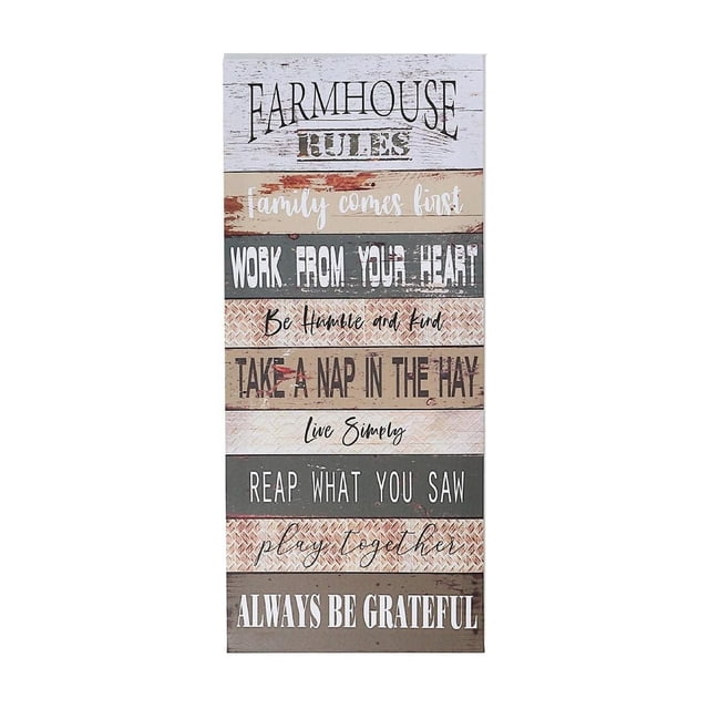 IH Casa Decor Canvas Wall Sign Farmhouse Rules featuring a vertical multicolored canvas with rustic wood plank textures and farmhouse-themed text including 'Family comes first,' 'Work from your heart,' and 'Always be grateful,' designed for home décor wall display in living rooms or bedrooms and suitable for adding a cozy farmhouse vibe.