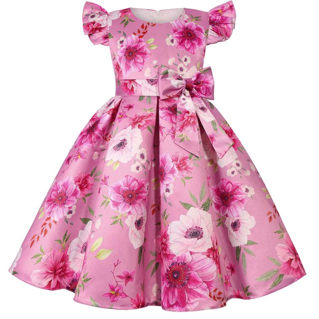 Ventes Aujourd'hui Liquidation Iumwxz Robes Rétro à Fermeture Éclair Plissées à Grand Ourlet Robes de Princesse avec Nœud Robe Col Rond Imprimé Floral Manches à Volants Robes pour Enfants Robe Tendance pour Fête de Vacances 2-8 Ans