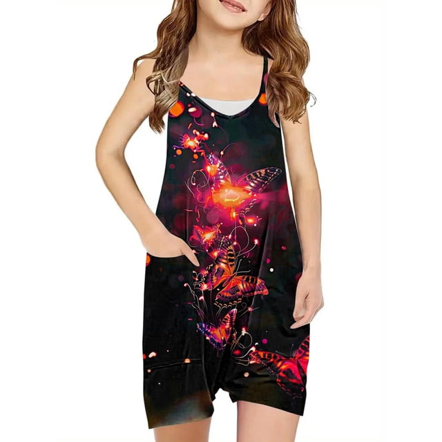 LSLJS Girls Summer Sleeveless Casual Romper Spaghetti Strap Shorts Jumpsuit With Pockets, Girls' Jumpsuits & Rompers Summer Clothes