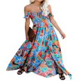 thumbnail image 1 of Femmes Boho Beach Dress Off Épaule Robe à Manches Courtes Floral Ample Coupe Longue Robe Fendue, 1 of 6