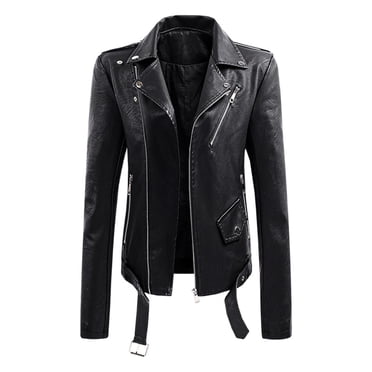 Fiogavroetic Veste de Moto en Cuir pour Femmes avec Col à Revers et Boutons, Veste Courte