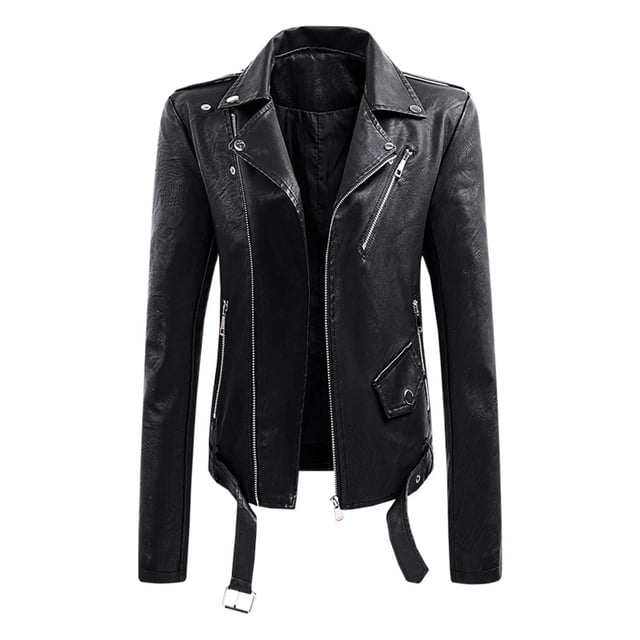 CEHVOM Women's Lapel Collar Button Motorcycle Jacket Leather Short Jacket Coat