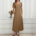 thumbnail image 2 of LOVZFMLL Robes Maxi pour Femmes Été Décontracté Manches Courtes Pétale Col en V Ligne A Longues Robes Évasées Fluides Robes T-Shirt avec Poches Café TTG, 2 of 8