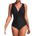 thumbnail image 1 of Charmo Retro Plunge V Neck One Piece Swimsuit for Womens Ruched Tummy Control Swimwear, 1 of 5