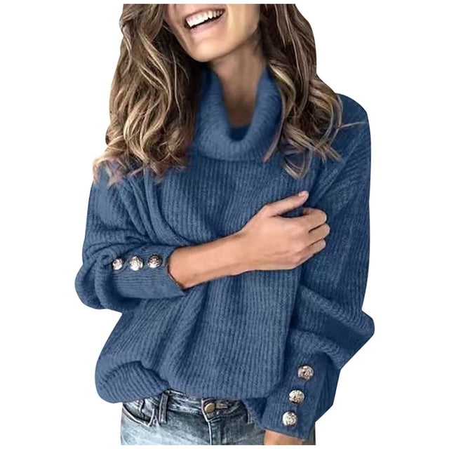 Bigersell Chandail à Col Roulé en Tricot de Polyester pour Femmes Grande Taille Automne Hiver Tricoté à Manches Longues Chandails à Enfiler Boutons Poignets Manches Chandails pour Dames Hauts Y-Blue 5TG