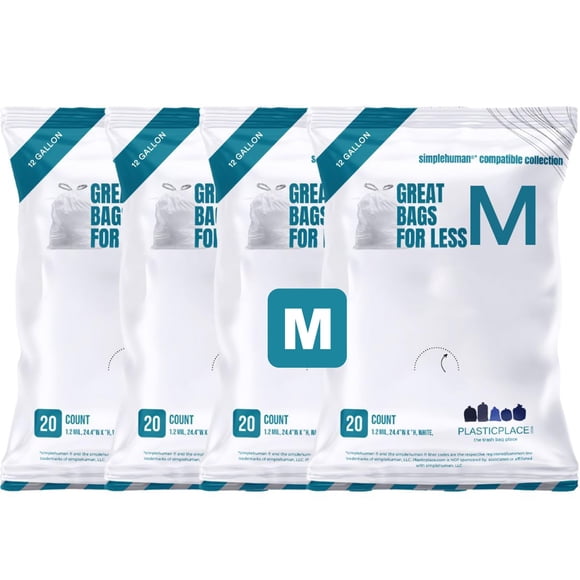 Plasticplace Trash Bags Compatible with simplehuman Code M Packs, White Drawstring Garbage Liners 12 Gallon / 45 Liter,
