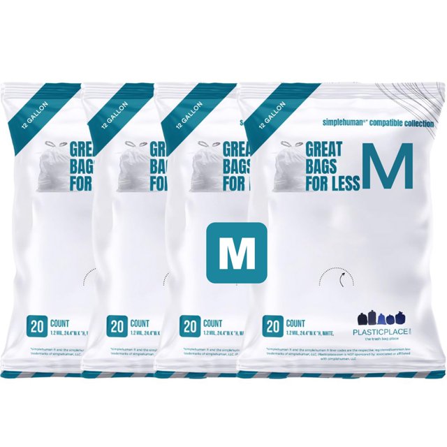 Plasticplace Trash Bags Compatible with simplehuman Code M Packs, White Drawstring Garbage Liners 12 Gallon / 45 Liter,