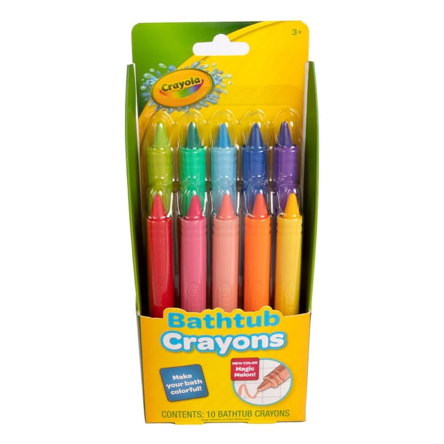10pk Crayola Bathtub Crayons in a yellow and green package featuring ten vibrant, non-toxic crayons in assorted colours including red, pink, orange, yellow, green, blue, and purple, designed for creative, washable fun during bath time for children aged 3 and up.