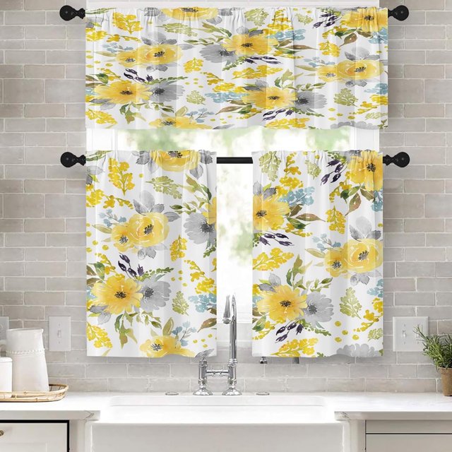Spring Flower Kitchen Window Curtains Valance and Tier Set 36 Inch, Yellow Floral 3 Piece Set Short Curtains for Window, Summer Window Treatment Tiers for Living Room Bedroom