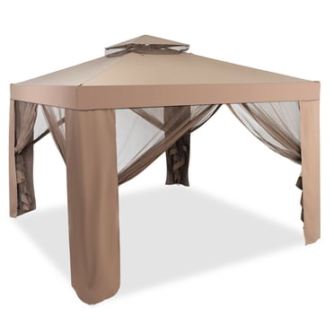 Gymax Abri de Jardin Gazebo 10 Pieds x 10 Pieds pour Pelouse et Patio avec Moustiquaire, Café
