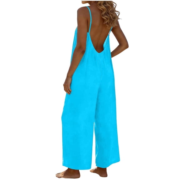 SZJXBUY Womens Jump Suit Casual Plus Size Spaghetti Strap Backless Jumpsuits Dressy Dressy Sleeveless Beach Vacation Wide Leg Long Overalls Sky Blue,M