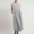 thumbnail image 4 of Meichang Robes en Coton et Lin pour Femmes Grande Taille Couleur Unie Robes Midi Coupe Ample Col Rond Manches Courtes Robes Plissées Taille Décontractée Robes Évasées, 4 of 7