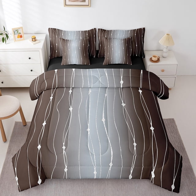 YST Brown and Grey Gradient Bed in a Bag, Modern Abstract Aesthetic Comforter Set, Geometry Lines, Twin Size (7 Count)