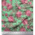 thumbnail image 1 of Soimoi Tissu en Viscose Georgette Vert Imprimé Feuilles & Roses au Mètre 42 Pouces de Large, 1 of 3