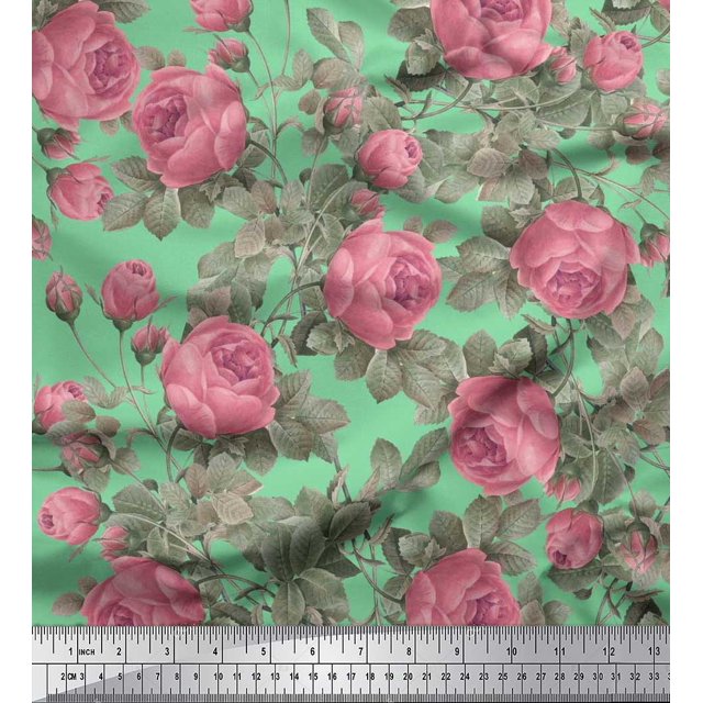 Soimoi Tissu en Viscose Georgette Vert Imprimé Feuilles & Roses au Mètre 42 Pouces de Large