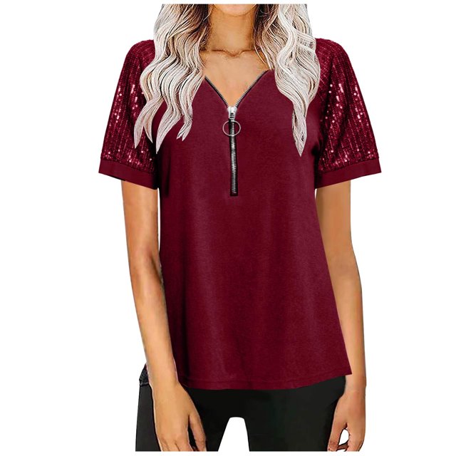 Birdeem Blouse Décontractée pour Femmes à Col en V, Patchwork, à Fermeture Éclair, Manches Courtes, Ample et Confortable
