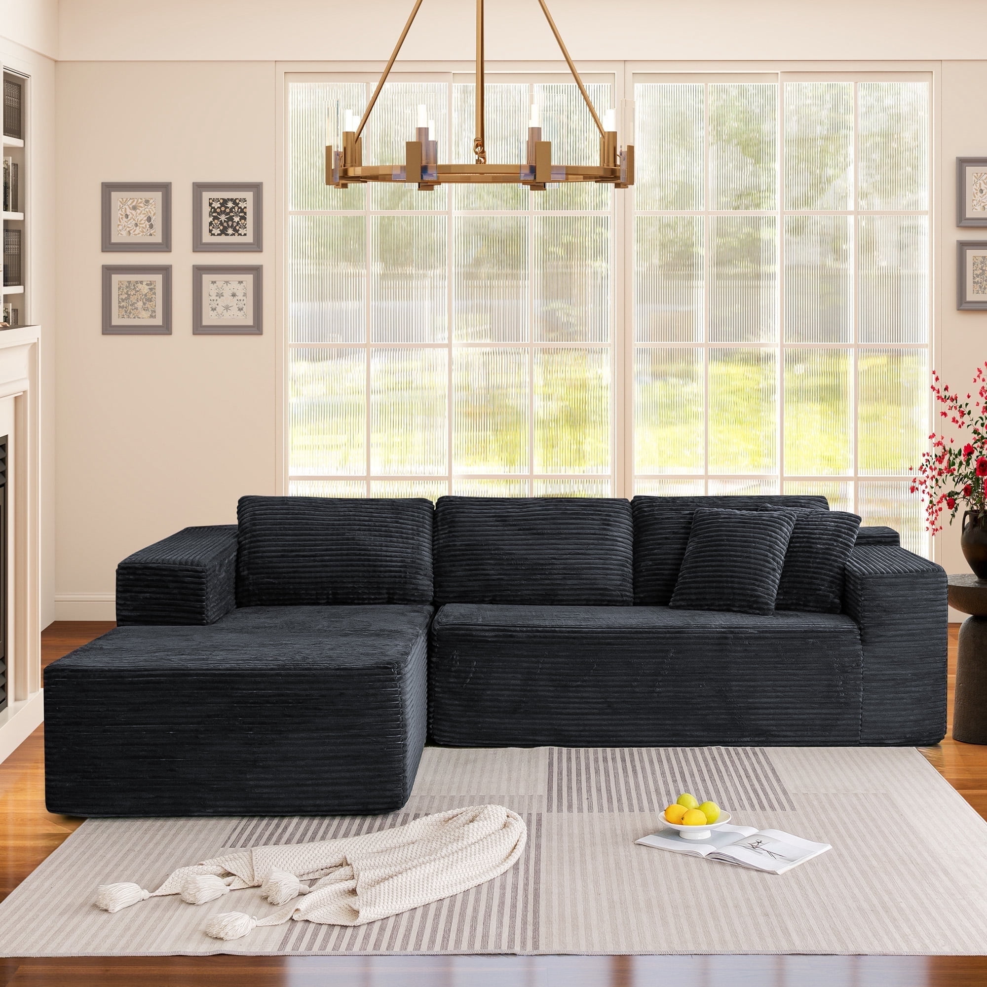 HOMREST 106" Cloud Sectional Couch with Chaise Lounge, L-Shape Modular Sectional Sofa with Deep Seat, Upholstered Couches for Living Room Bedroom, No Assembly Required, Black (Plush Corduroy Fabric)