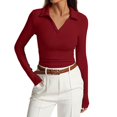 thumbnail image 1 of Hiiyo Polo à Manches Longues à Col en V pour Femme, Coupe Ajustée, T-Shirt Basique Décontracté, Rouge TG, 1 of 5