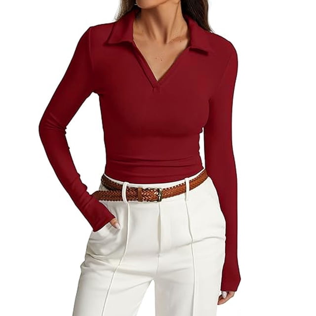 Hiiyo Polo à Manches Longues à Col en V pour Femme, Coupe Ajustée, T-Shirt Basique Décontracté, Rouge TG