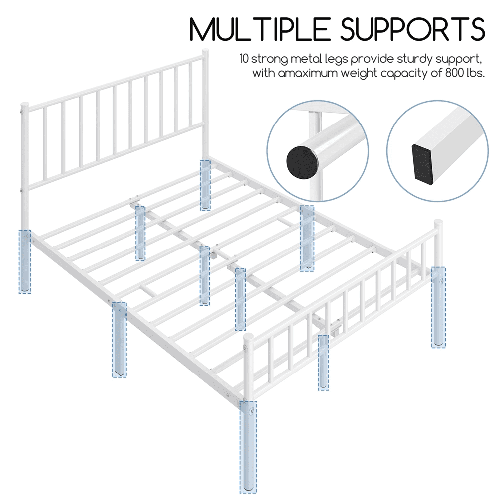 Fullfurnique Minimalist Metal Bed Frame with Vertical Bar Headboard and Footboard, Queen, White