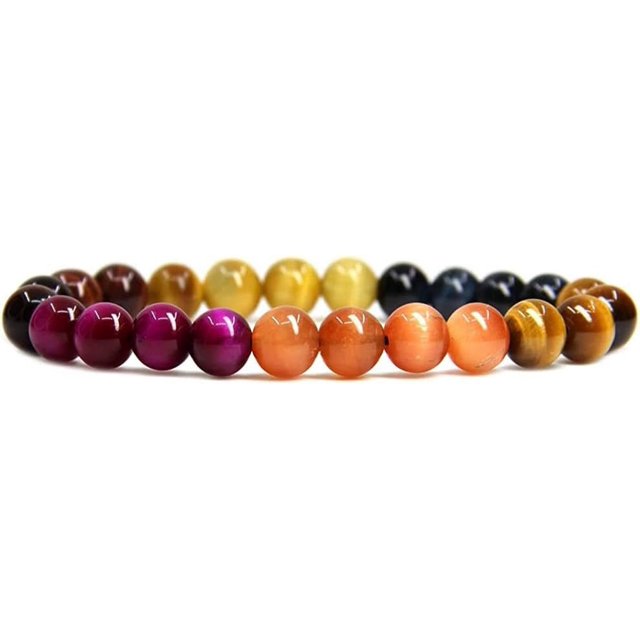 Bracelet Extensible en Perles Rondes de 8 mm en Oeil de Tigre Multicolore Naturel de Qualité AA 7 Pouces Unisexe