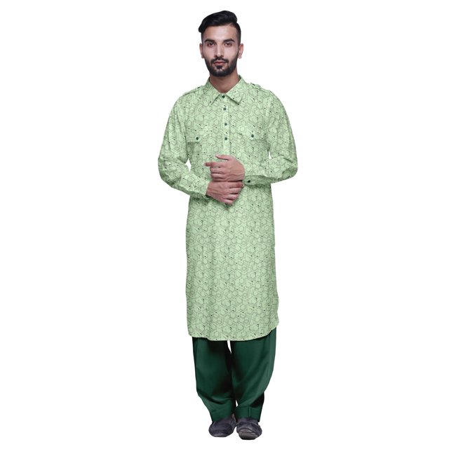 Atasi Printed Rayon Pathani Kurta With Solid Salwar For Mens Party Wear