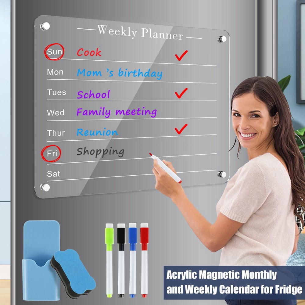 MesaSe Acrylic Magnetic Calendar Set for Fridge Dry Erase Calendar Board Reusable Non-Slip Planning Whiteboard with 4 Markers and Board Erase Meal Planner for Weekly Monthly Plan