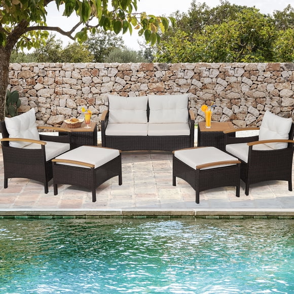 Costway Ensemble de Mobilier de Patio en Rotin 7 Pcs Coussin Accoudoir Causeuse Ottoman Table