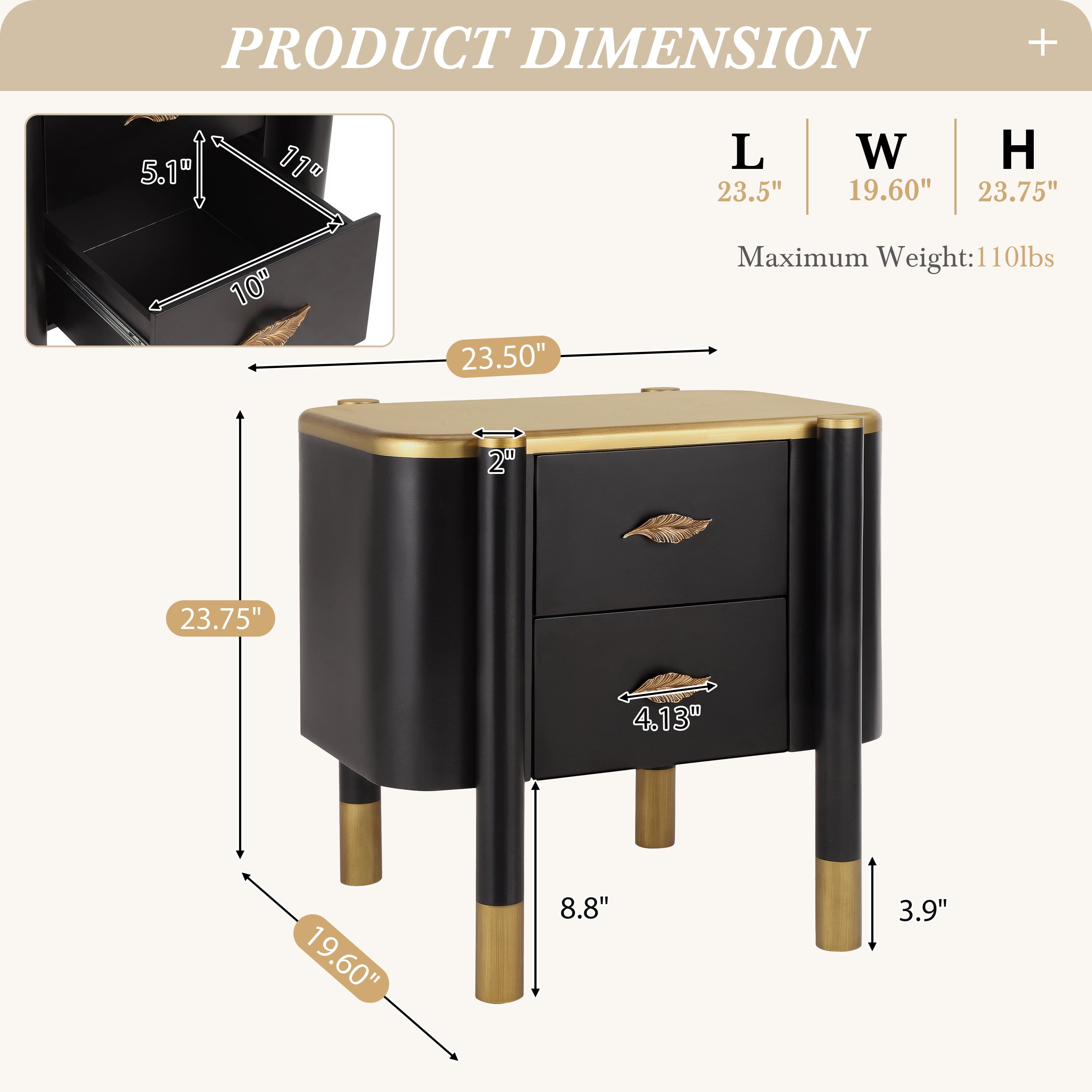 Noble House Contemporary Nightstand with 2 Drawers,Curved Profile Design & Feather-Shaped Metal Handles,for Bedroom,Black