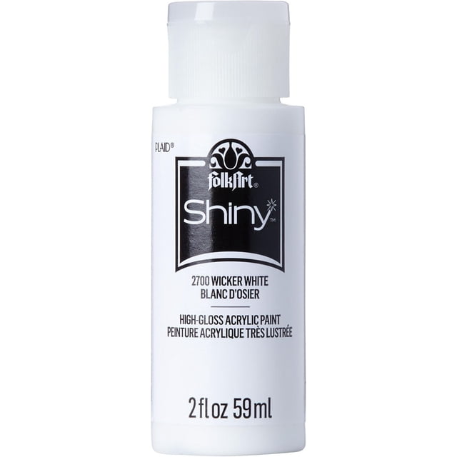 Folkart Shiny Acrylic Paint Wicker White in a 2 fl oz (59 ml) white plastic bottle with a high-gloss label and black text, ideal for art supplies and craft painting on wood, canvas, and more.