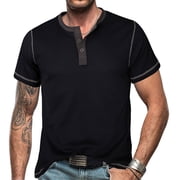 AherBiu Mens Crewneck Casual T-Shirts Henley T Shirts for Men Summer Color Block Button Tee Shirts