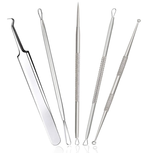 Professional Blackhead Remover Pimple Comedone Extractor Tools Set of 5, Best Splinter Acne Removal Kit and Skin Tools for Skin Blemishes, Whitehead, Pimples, Cysts and Zit Popper