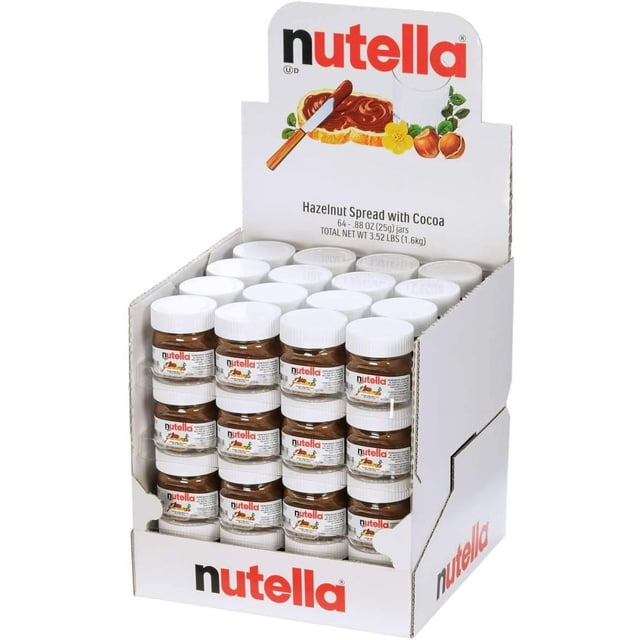 Nutella Hazelnut Spread .88 oz mini glass jars arranged in a branded cardboard case with 64 jars. Each jar features the Nutella logo and label, showcasing its smooth hazelnut spread with cocoa. Perfect for portion control in hotels, bed and breakfasts, or upscale dining settings.
