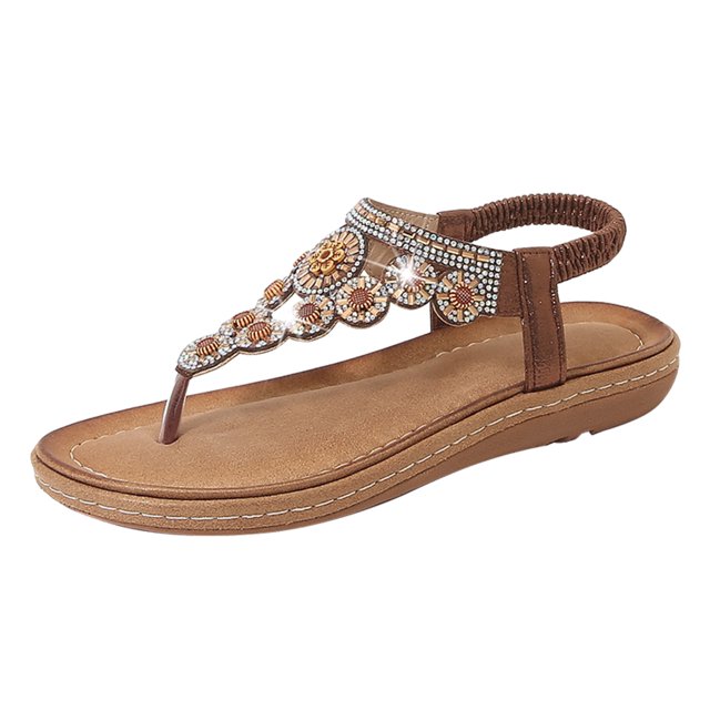 Kcodviy Ladies Strap Flat Sandals for Women with Arch Support Summer Boho Rhinestone Dress Womens Sandals Size 9 Shoes Comfort Open Toe Elastic Ankle Strap Strapless Sandals Roman Sandals