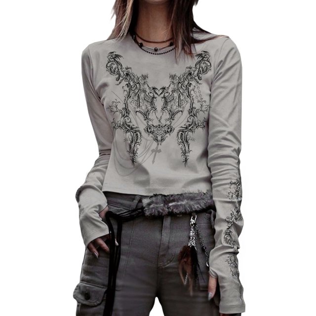 Fortune T-Shirts Goth pour Femmes à Manches Longues, Coupe Ajustée, Court, T-Shirts Vintage