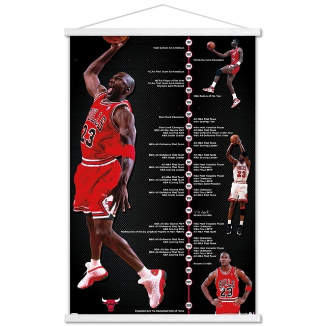 Michael Jordan - Timeline Wall Poster, 22.375" x 34" framed, displaying a black background with a vertical timeline of Michael Jordan's basketball achievements from 1981 to 2009. The poster includes three images of Jordan in Chicago Bulls red and white uniforms performing a dunk, a jump shot, and a standing pose. The timeline highlights NCAA and NBA awards, MVP titles, scoring and defensive honors, and Hall of Fame induction. The framed poster features white top and bottom bars with a hanging cord, designed for easy wall display and made in the USA.