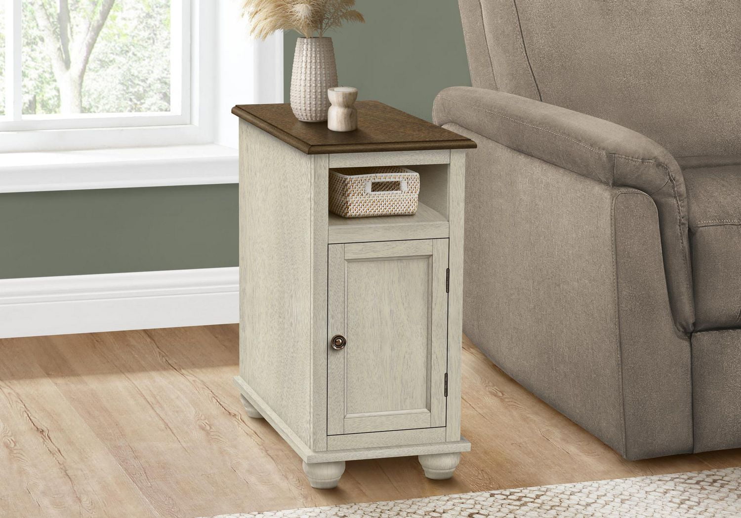 Monarch Specialties  Table D'appoint, Bout, Table D'appoint, Chambre À Coucher, Table De Nuit, Étroit, Lampe, Rangement, Placage Blanc Antique, Placage Brun, Traditionnel