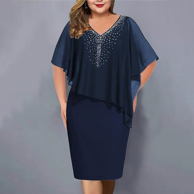 Meichang Robes Formelles pour Femmes Invitées de Mariage Robe Midi Grande Taille Robes en Chiffon Robe de Soirée Robe de Bal Élégante Robes à Col en V