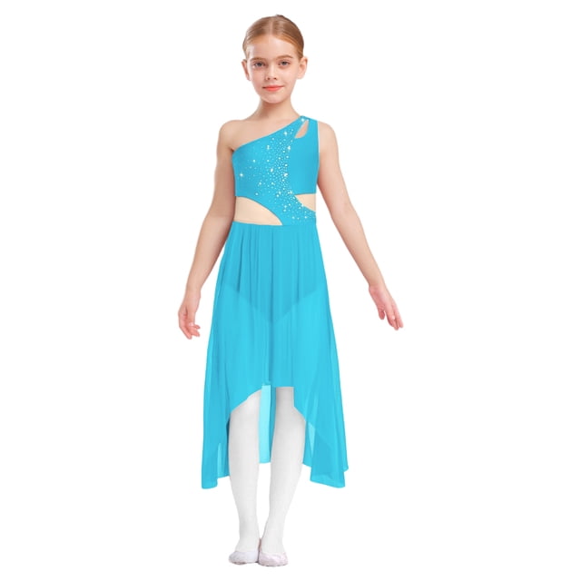 Moggemol Robe de Danse Ballet Lyrique pour Filles, une Épaule Sans Manches, Découpe Haute et Basse, Robe en Maille Fluide, Bleu Clair 8