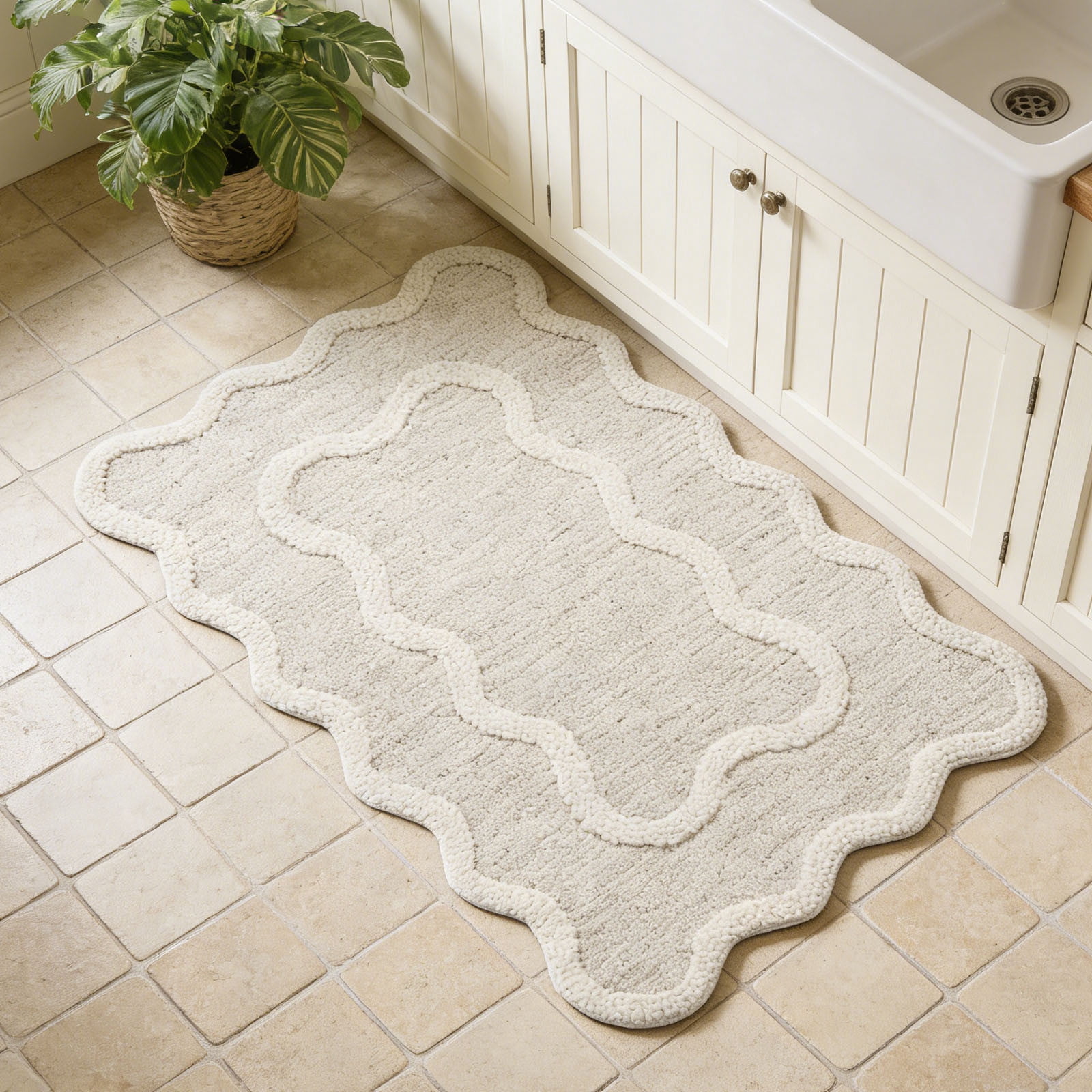 Soft Bath Mat 24x16 Inch Cream Beige Scalloped Absorbent Bathroom Rug Washable Shower Mat for Tub and Bathroom Floor