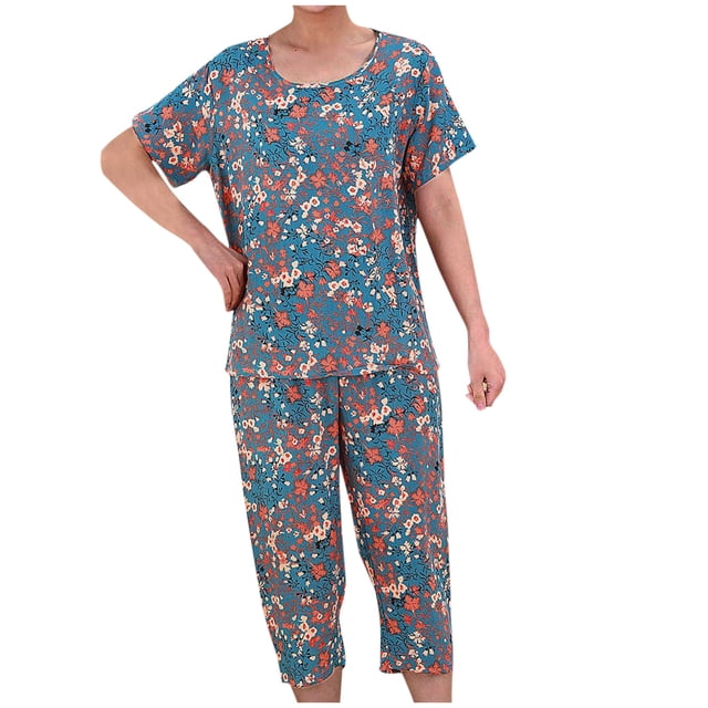 Pisexur Ensembles de Pyjama pour Femmes 2 Pcs Boho à Imprimé Floral Chemises de Nuit en Coton pour Femmes Décontractées Col Rond T-Shirts à Manches Courtes Hauts et Pantalons de Détente Longueur Genou Pyjamas Grande Taille pour Femmes Ensemble TG-4TG